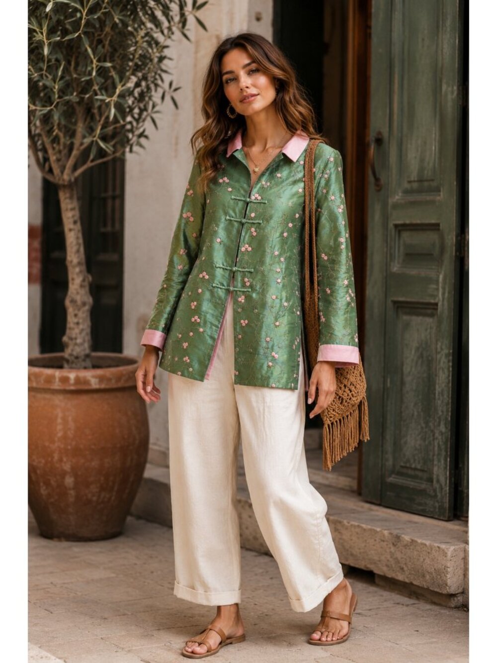 Dragon Silk Women's Size S Green Embroidered Silk Blend Mandarin Jacket Floral